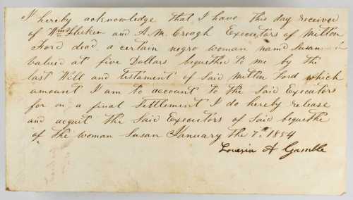 January 7, 1854. Receipt for a Slave Named Susannah. Very Fine.
