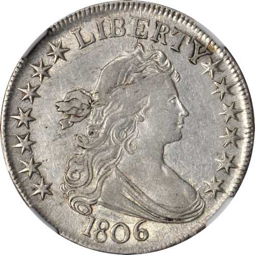 1806 Draped Bust Half Dollar. O-120, T-28. Rarity-3. Pointed 6, Stem Through Claw. EF-45 (NGC).