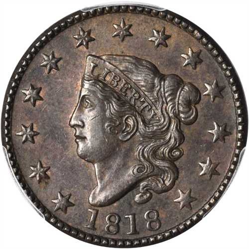 1818 Matron Head Cent. N-6. Rarity-1. MS-61 BN (PCGS).