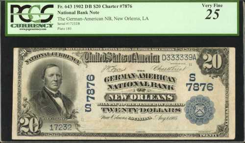 New Orleans, Louisiana. $20 1902 Date Back. Fr. 643. The German-American NB. Charter #7876. PCGS Ver