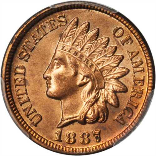 1887 Indian Cent. MS-64+ RD (PCGS).