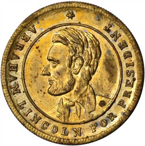 1864 Abraham Lincoln. DeWitt-AL 1864-36. Gilt brass. 21.7 mm. Choice About Uncirculated.