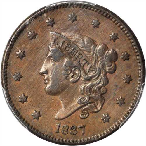 1837 Modified Matron Head Cent. N-3. Rarity-1. Plain Cord, Medium Letters. AU-53 (PCGS).