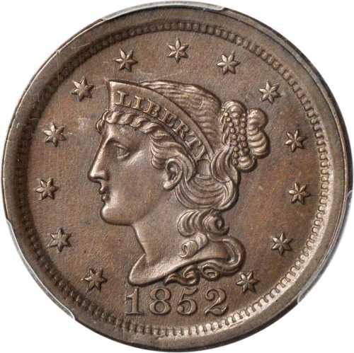 1852 Braided Hair Cent. N-1, 2. Rarity-1. AU-58 (PCGS).