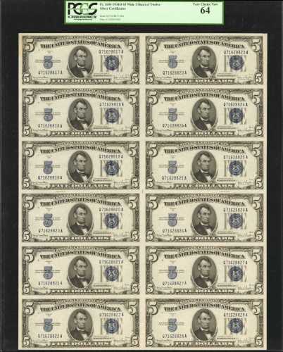 Fr. 1654. 1934D $5 Silver Certificates. Wide I. PCGS Very Choice New 64.Uncut Sheet of 12.