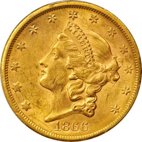 1866-S Liberty Head Double Eagle. Motto. MS-61 (PCGS). Gold Shield Holder.