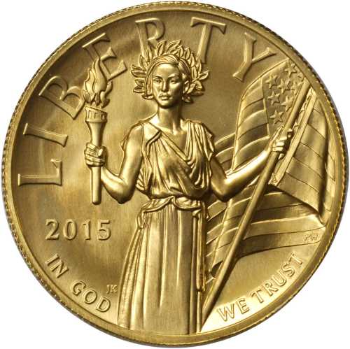 2015-W High Relief $100 Gold Coin. First Strike. Edmund C. Moy and John Mercanti Signatures. MS-70 (