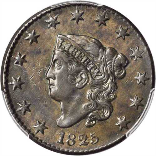 1825 Matron Head Cent. N-2. Rarity-2. AU-53 (PCGS).