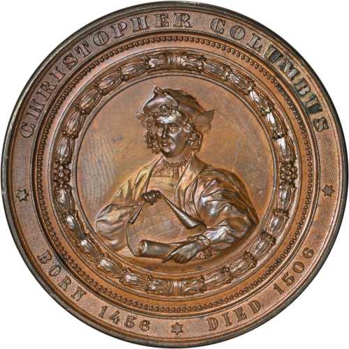 1892-1893 Worlds Columbian Exposition Souvenir Medal. Columbus and Chart / Exposition View. Bronze. 