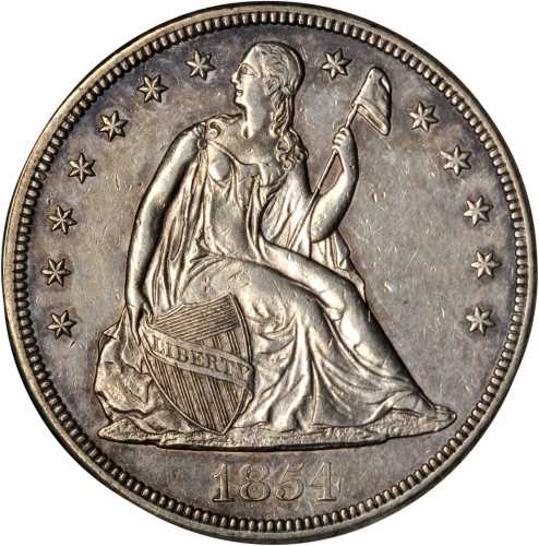 1854 Liberty Seated Silver Dollar. OC-1. Rarity-3+. Repunched Date. AU-55 Details--Cleaned (ANACS). 