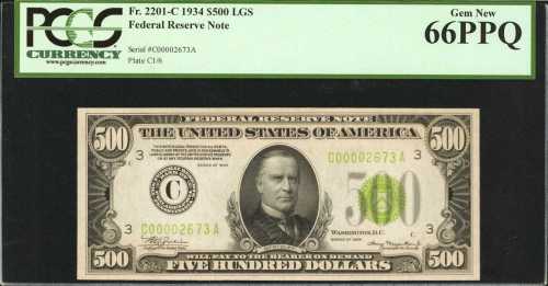 Fr. 2201-Clgs. 1934 $500 Federal Reserve Note. Philadelphia. PCGS Gem New 66 PPQ.
