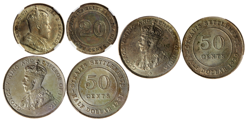 海峡殖民地银币3枚一组，包括1910-B 20分，1920及21年50分，分别评NGC AU58, PCGS MS64及MS64