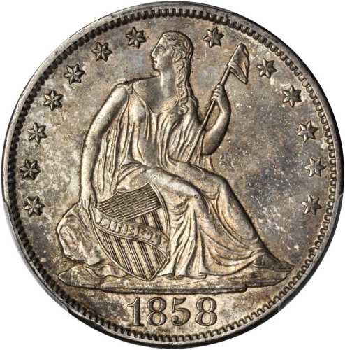 1858-O Liberty Seated Half Dollar. WB-7. Rarity-3. Misplaced Date. AU-53 (PCGS).