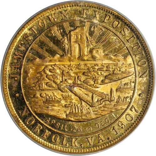 1907 Jamestown Tercentennial Exposition. Battleship Virginia Dollar. Brass. 36 mm. HK-349. Rarity-4.