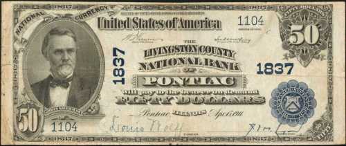 Pontiac, Illinois. $50 1902 Plain Back. Fr. 678. The Livingston County NB. Charter #1837. Very Fine.