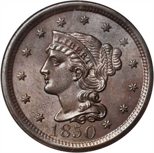 1850 Braided Hair Cent. N-12. Rarity-1. MS-65 BN (PCGS). CAC.