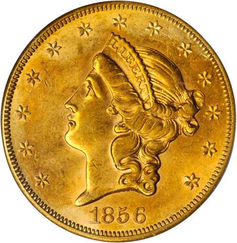 1856-S Liberty Head Double Eagle. Variety-17M. No Serif, Full A. AU-55 (PCGS). CAC.