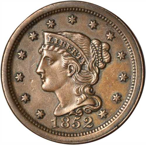 1852 Braided Hair Cent. N-5. Rarity-2. AU-55.