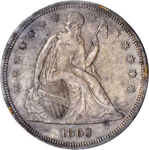 1863 Liberty Seated Silver Dollar. AU-58 (PCGS).