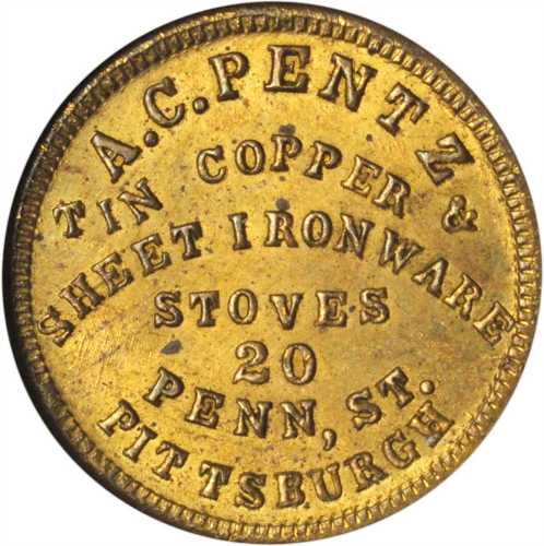 Pennsylvania--Pittsburgh. 1863 Alfred C. Pentz. Fuld-765O-2b. Rarity-9. Brass. 19 mm. MS-63 (NGC).