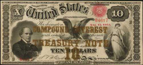 Fr. 190b (W-1236). 1864 $10 Compound Interest Treasury Note. PCGS New 61