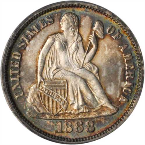 1868 Liberty Seated Dime. Fortin-103. Rarity-5. Repunched Date. MS-65 (PCGS).