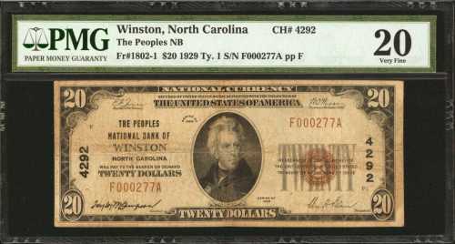 Winston, North Carolina. $20 1929 Ty. 1. Fr. 1802-1. The Peoples NB. Charter #4292. PMG Very Fine 20
