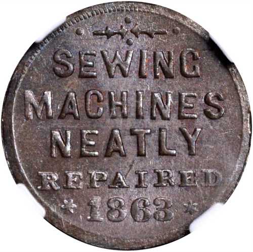 1863 Eagle / Sewing Machines Neatly Repaired. Fuld-156/524 a. Rarity-8. Copper. 19 mm. MS-64 BN (NGC