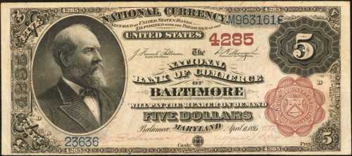 Baltimore, Maryland. $5 1882 Brown Back. Fr. 477. The NB of Commerce. Charter #4285. Very Fine.