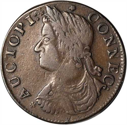 1787 Connecticut Copper. Miller 41-ii, W-4235. Rarity-4. Draped Bust Left, AUCTOPI, ET IIB. VF-35.