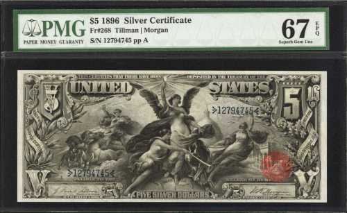 Fr. 268. 1896 $5 Silver Certificate. PMG Superb Gem Uncirculated 67 EPQ.