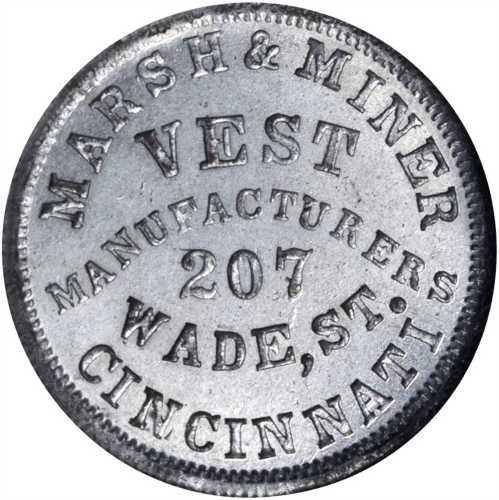 Ohio--Cincinnati. 1863 Marsh & Miner. Fuld-165DJ-12i. Rarity-9. Tin-Plated. 19 mm. MS-64 (NGC).