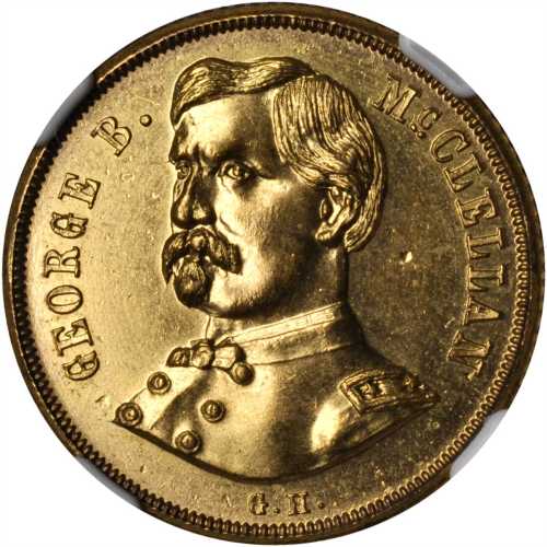1864 George McClellan. DeWitt-GMcC 1864-25, var. Gilt brass. 24 mm. MS-64 (NGC).