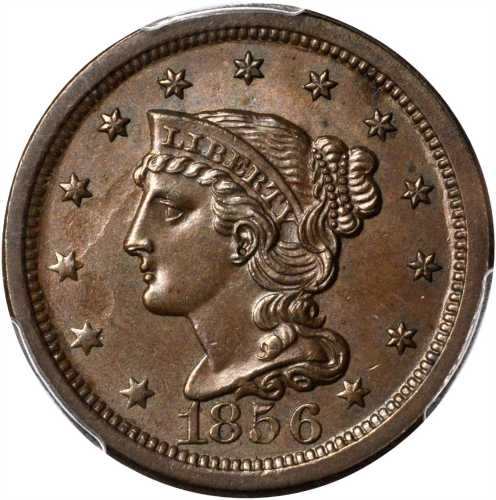 1856 Braided Hair Cent. N-7. Rarity-2. Upright 5. MS-63 BN (PCGS).