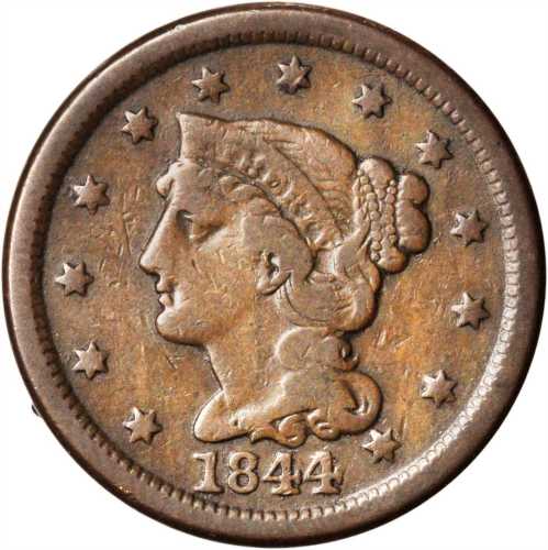 1844/81 Braided Hair Cent. N-2. Rarity-2. VG-8 Reverse Damaged.