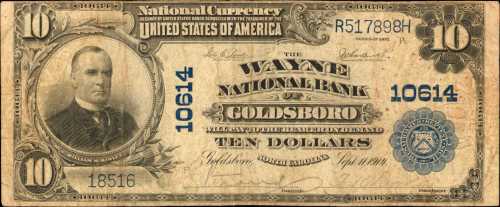 Goldsboro, North Carolina. $10 1901 Plain Back. Fr. 631. The Wayne NB. Charter #10614. Fine.