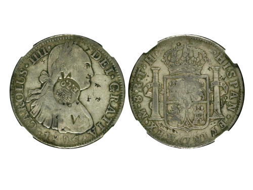 1834年墨西哥1804年8 Reals 银币(加盖菲律宾)，NGC VF Details。Ray Czahor藏品