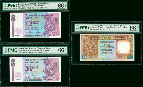 渣打银行纸币3枚一组，包1985及92年50元, 1987年500元，均评PMG66EPQ