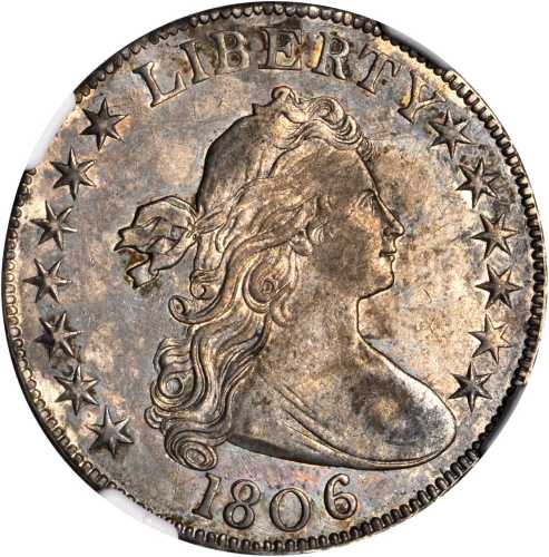 1806 Draped Bust Half Dollar. O-107a, T-3. Rarity-4+. Knobbed 6, Small Stars. AU-55 (NGC).