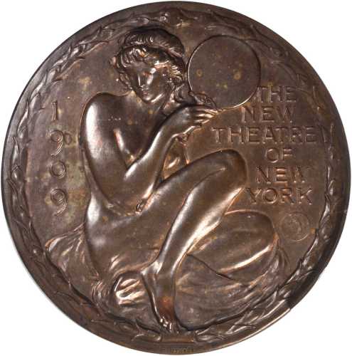 1909 New Theatre of New York Medal. Bronze. 102 mm. By Bela Lyon Pratt. Miller-25. Trimmed Edge. MS-