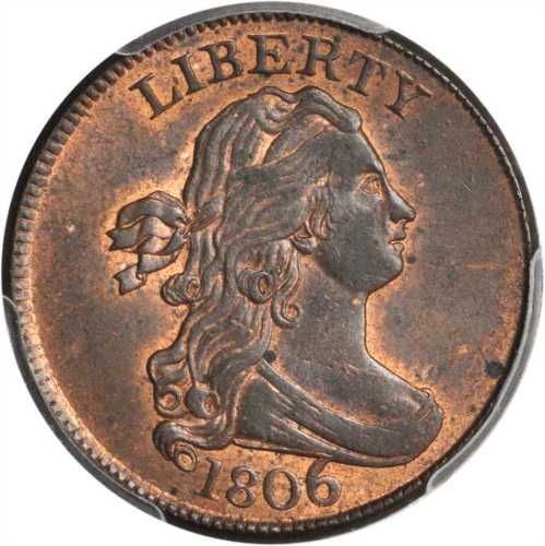 1806 Draped Bust Half Cent. C-4. Rarity-1. Large 6, Stems to Wreath. MS-62 RB (PCGS).