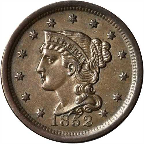 1852 Braided Hair Cent. N-18. Rarity-3. MS-60 BN.