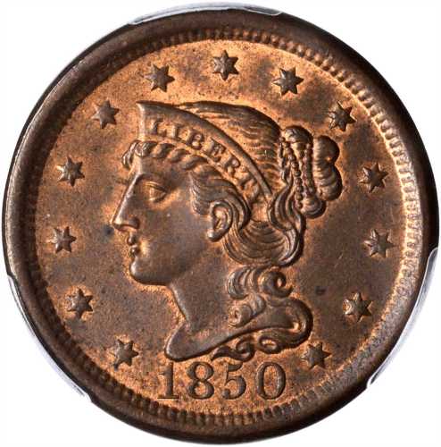 1850 Braided Hair Cent. N-7. Rarity-2. MS-65 RB (PCGS).