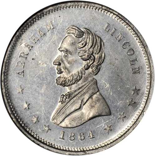 1864 Abraham Lincoln. DeWitt-AL 1864-14. White metal. 31 mm. MS-62 PL (NGC).