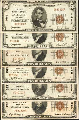 Lot of (6) 1929 Maryland National Bank Notes. Very Fine to Extremely Fine.