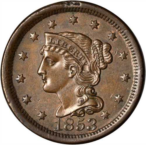 1853 Braided Hair Cent. N-6. Rarity-1. MS-60 Residue.