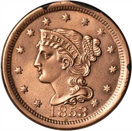 1853 Braided Hair Cent. N-6. Rarity-1. MS-60 Altered Surfaces.