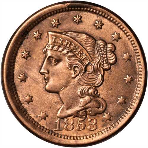 1853 Braided Hair Cent. N-25. Rarity-1. MS-60 Altered Surfaces.