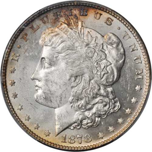1878 Morgan Silver Dollar. 7/8 Tailfeathers. VAM-38. Strong, 7/5 Tailfeathers. MS-63 (PCGS).