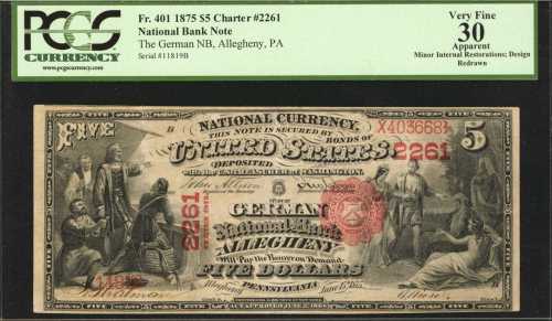 Allegheny, Pennsylvania. $5 1875. Fr. 401. The German NB. Charter #2261. PCGS Very Fine 30 Apparent.